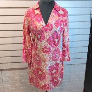 Sigrid Olsen Floral Hawaiian Print 3/4 Bell Sleeve Linen Blend Shift Dress 6 EUC